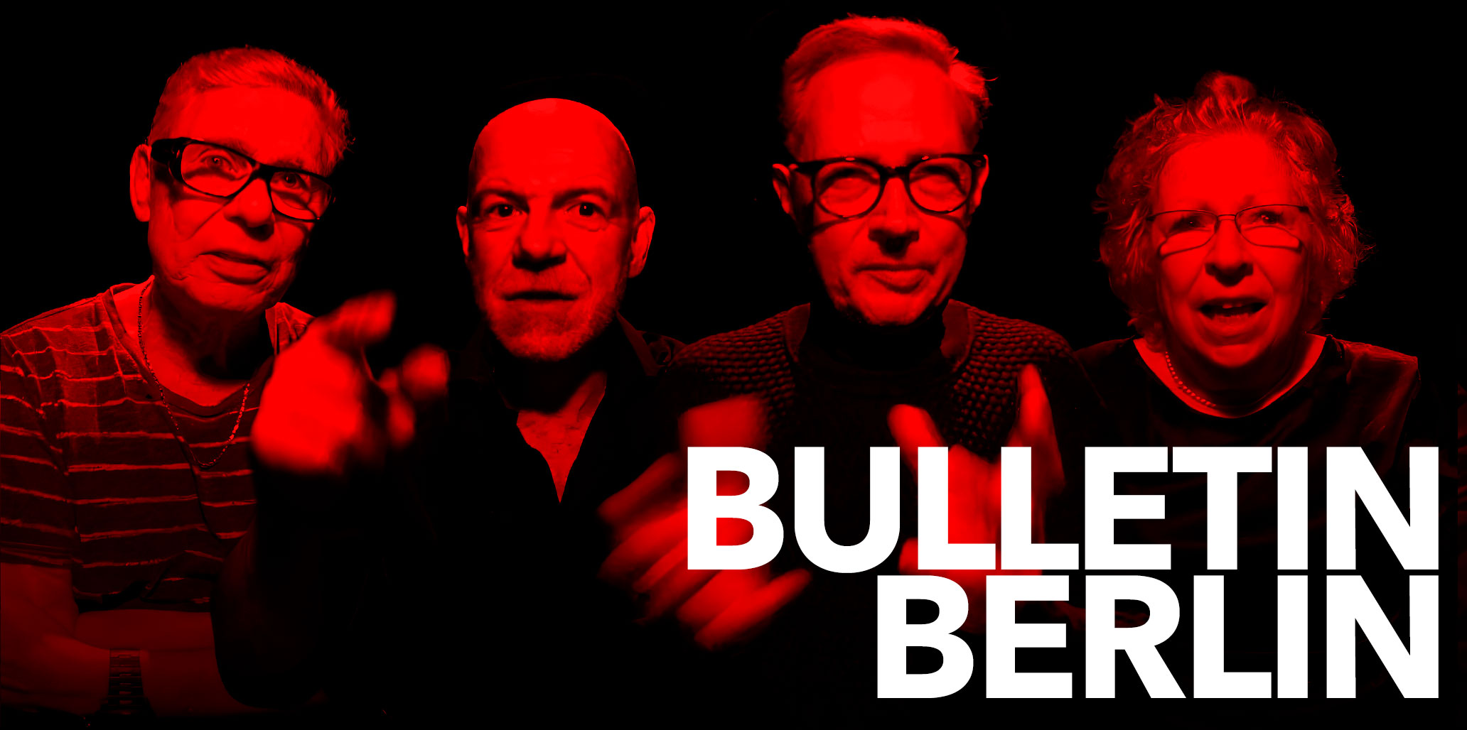 Image of the cast of episode 7 of Bulletin Berlin featuring Christoph Eichhorn with voice over artists Dietmar Wunder, Ronald Nitschke and Hansi Jochmann