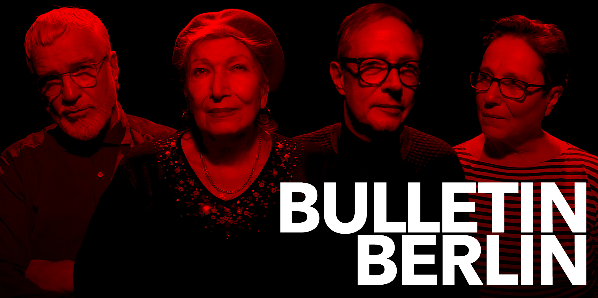 Group photograph featuring Christoph Eichhorn, Wieland Speck, Charlotte Siebenrock and Zazie de Paris. Red and black image set against red background